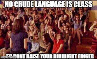 Mean Girls | NO CRUDE LANGUAGE IS CLASS; SO DONT RAISE YOUR RIIIIIIIGHT FINGER | image tagged in mean girls | made w/ Imgflip meme maker