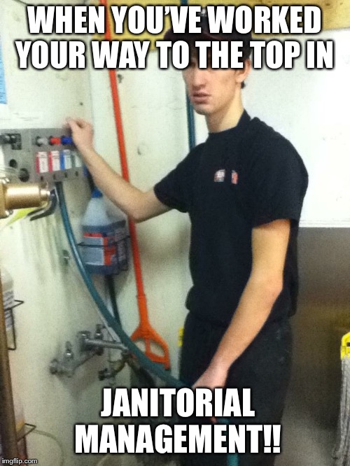 Felix  | WHEN YOU’VE WORKED YOUR WAY TO THE TOP IN; JANITORIAL MANAGEMENT!! | image tagged in work | made w/ Imgflip meme maker