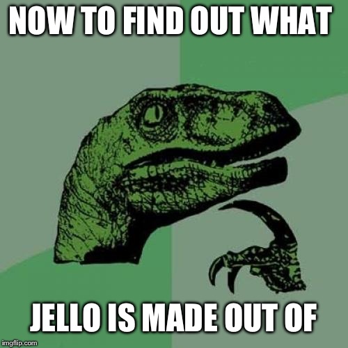 Philosoraptor | NOW TO FIND OUT WHAT; JELLO IS MADE OUT OF | image tagged in memes,philosoraptor | made w/ Imgflip meme maker