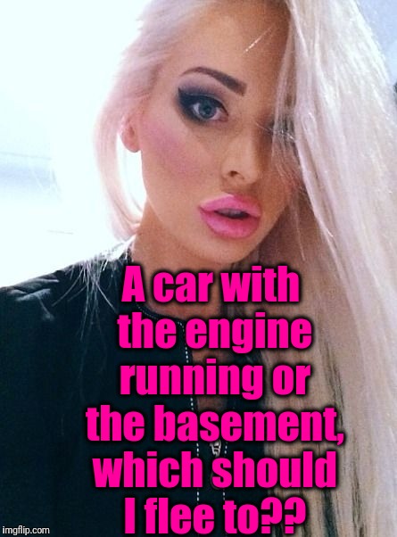 shrug | A car with the engine running or the basement, which should I flee to?? | image tagged in shrug | made w/ Imgflip meme maker