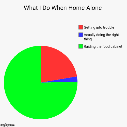 What I Do When Home Alone | Raiding the food cabinet, Acually doing the right thing, Getting into trouble | image tagged in funny,pie charts | made w/ Imgflip chart maker