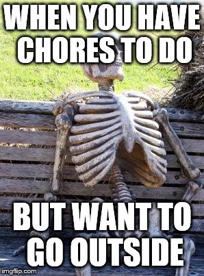 Waiting Skeleton Meme | WHEN YOU HAVE CHORES TO DO; BUT WANT TO GO OUTSIDE | image tagged in memes,waiting skeleton | made w/ Imgflip meme maker