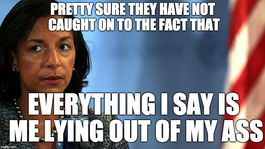 susan rice liar ass kisser | PRETTY SURE THEY HAVE NOT CAUGHT ON TO THE FACT THAT; EVERYTHING I SAY IS ME LYING OUT OF MY ASS | image tagged in susan rice liar ass kisser | made w/ Imgflip meme maker