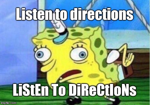 Mocking Spongebob | Listen to directions; LiStEn To DiReCtIoNs | image tagged in memes,mocking spongebob | made w/ Imgflip meme maker