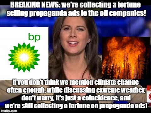 MSM Sells Propaganda Not News | BREAKING NEWS: we're collecting a fortune selling propaganda ads to the oil companies! If you don't think we mention climate change often enough, while discussing extreme weather, don't worry, it's just a coincidence, and we're still collecting a fortune on propaganda ads! | image tagged in cnn erin burnett,biased media,advertising,climate change,propaganda,weather | made w/ Imgflip meme maker