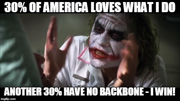 And everybody loses their minds Meme | 30% OF AMERICA LOVES WHAT I DO; ANOTHER 30% HAVE NO BACKBONE - I WIN! | image tagged in memes,and everybody loses their minds | made w/ Imgflip meme maker