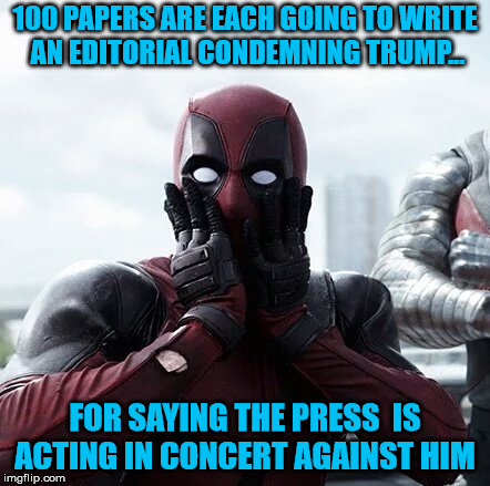 Are they seriously this stupid?  | 100 PAPERS ARE EACH GOING TO WRITE AN EDITORIAL CONDEMNING TRUMP... FOR SAYING THE PRESS  IS ACTING IN CONCERT AGAINST HIM | image tagged in memes,deadpool surprised | made w/ Imgflip meme maker