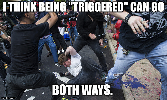 charlottesville riot | I THINK BEING "TRIGGERED" CAN GO BOTH WAYS. | image tagged in charlottesville riot | made w/ Imgflip meme maker