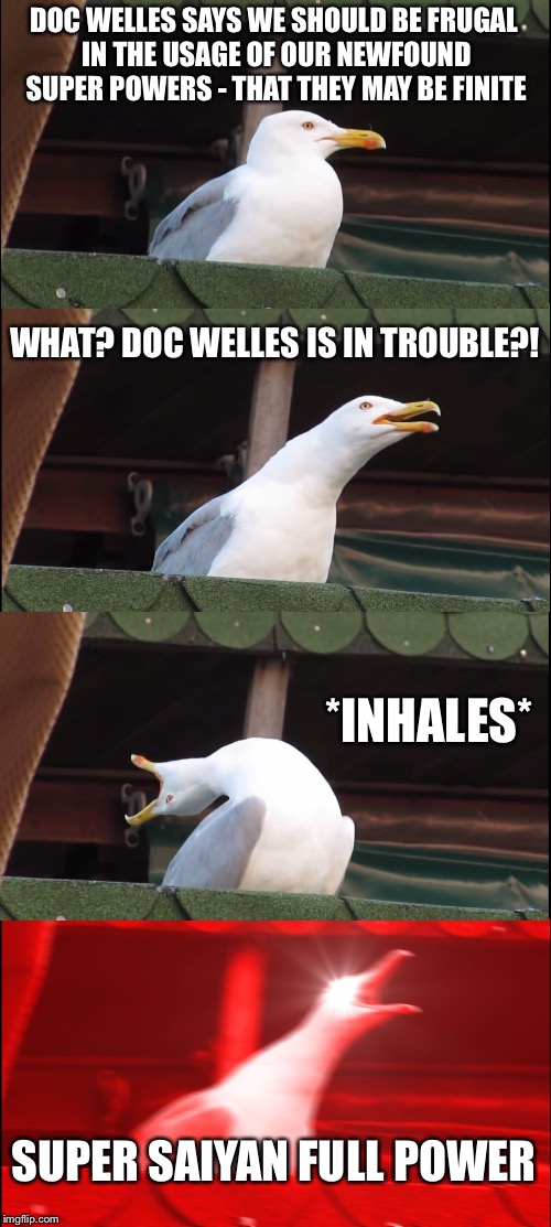 Super Seagull | DOC WELLES SAYS WE SHOULD BE FRUGAL IN THE USAGE OF OUR NEWFOUND SUPER POWERS - THAT THEY MAY BE FINITE; WHAT? DOC WELLES IS IN TROUBLE?! *INHALES*; SUPER SAIYAN FULL POWER | image tagged in memes,inhaling seagull | made w/ Imgflip meme maker