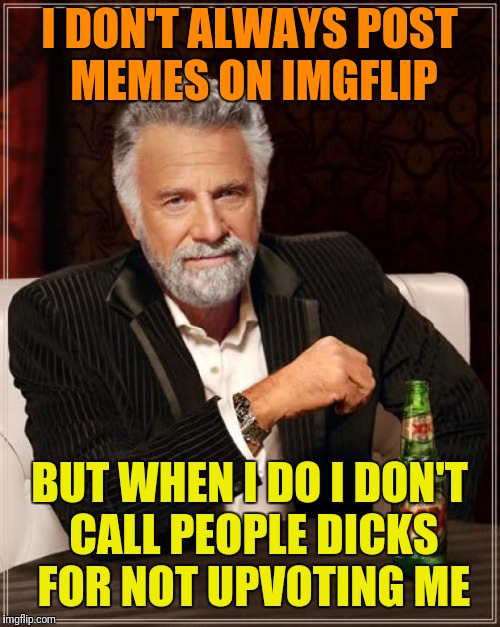 Here to have fun. It just doesn't matter.  | I DON'T ALWAYS POST MEMES ON IMGFLIP; BUT WHEN I DO I DON'T CALL PEOPLE DICKS FOR NOT UPVOTING ME | image tagged in memes,the most interesting man in the world | made w/ Imgflip meme maker