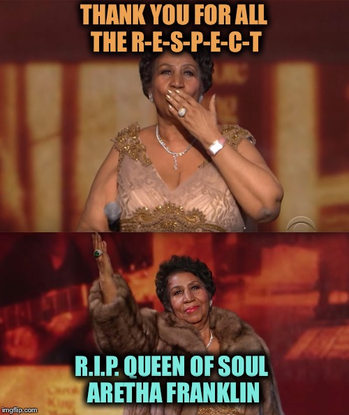 Queen of soul has passed... another great one gone. | THANK YOU FOR ALL THE R-E-S-P-E-C-T; R.I.P. QUEEN OF SOUL
 ARETHA FRANKLIN | image tagged in respect,rip,aretha franklin | made w/ Imgflip meme maker
