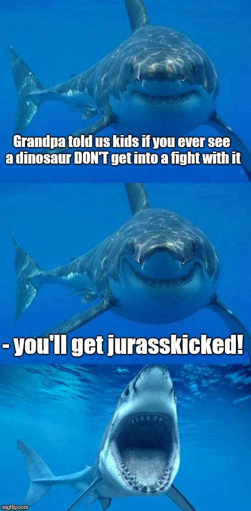 Bad Shark Pun  | Grandpa told us kids if you ever see a dinosaur DON'T get into a fight with it; - you'll get jurasskicked! | image tagged in bad shark pun | made w/ Imgflip meme maker