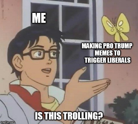 Is This A Pigeon Meme | ME MAKING PRO TRUMP MEMES TO TRIGGER LIBERALS IS THIS TROLLING? | image tagged in memes,is this a pigeon | made w/ Imgflip meme maker