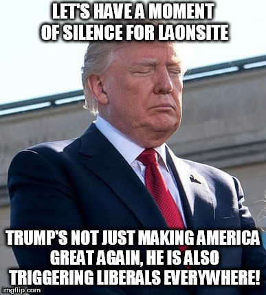 Trump Moment of Silence | LET'S HAVE A MOMENT OF SILENCE FOR LAONSITE TRUMP'S NOT JUST MAKING AMERICA GREAT AGAIN, HE IS ALSO TRIGGERING LIBERALS EVERYWHERE! | image tagged in trump moment of silence | made w/ Imgflip meme maker