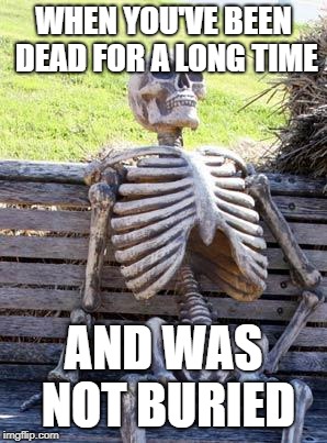 Waiting Skeleton Meme | WHEN YOU'VE BEEN DEAD FOR A LONG TIME; AND WAS NOT BURIED | image tagged in memes,waiting skeleton | made w/ Imgflip meme maker
