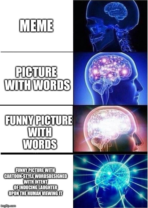 Expanding Brain Meme |  MEME; PICTURE WITH WORDS; FUNNY PICTURE WITH WORDS; FUNNY PICTURE WITH CARTOON-STYLE WORDSDESIGNED WITH INTENT OF INDUCING LAUGHTER UPON THE HUMAN VIEWING IT | image tagged in memes,expanding brain | made w/ Imgflip meme maker