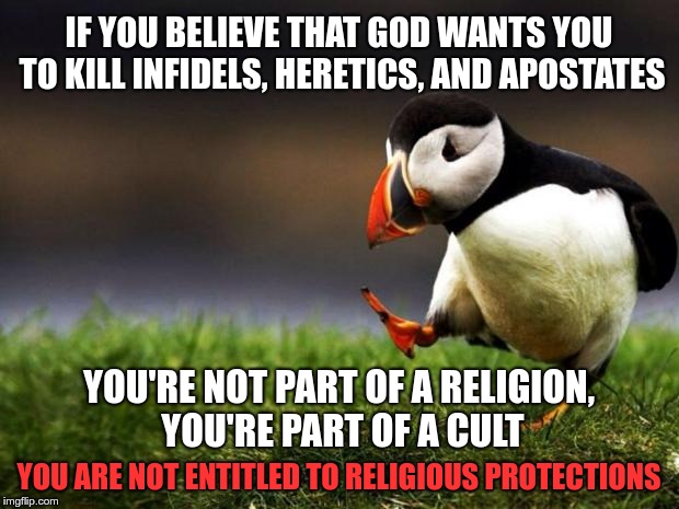 You're not part of a religion, you're part of a cult | IF YOU BELIEVE THAT GOD WANTS YOU TO KILL INFIDELS, HERETICS, AND APOSTATES; YOU'RE NOT PART OF A RELIGION, YOU'RE PART OF A CULT; YOU ARE NOT ENTITLED TO RELIGIOUS PROTECTIONS | image tagged in memes,unpopular opinion puffin,religious freedom,cult,radical islam | made w/ Imgflip meme maker