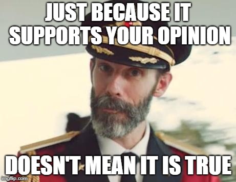 Captain Obvious | JUST BECAUSE IT SUPPORTS YOUR OPINION; DOESN'T MEAN IT IS TRUE | image tagged in captain obvious | made w/ Imgflip meme maker