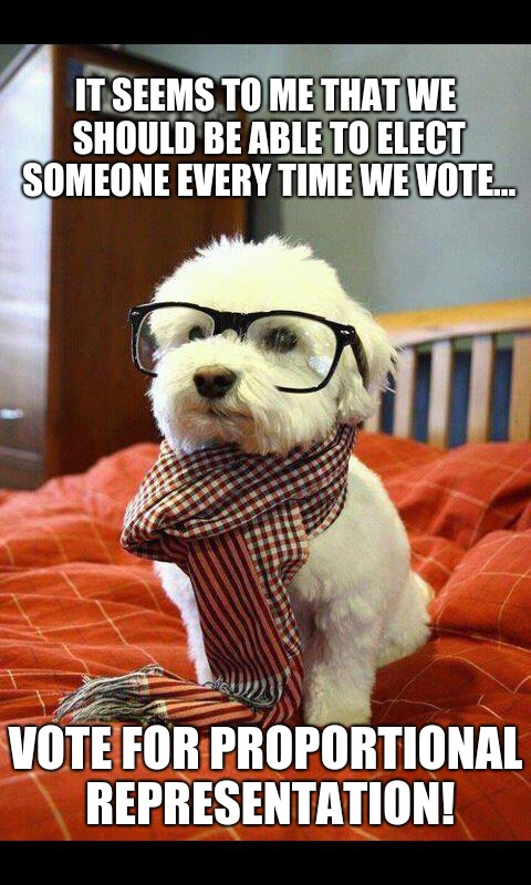 Intelligent Dog | IT SEEMS TO ME THAT WE SHOULD BE ABLE TO ELECT SOMEONE EVERY TIME WE VOTE... VOTE FOR PROPORTIONAL REPRESENTATION! | image tagged in memes,intelligent dog | made w/ Imgflip meme maker