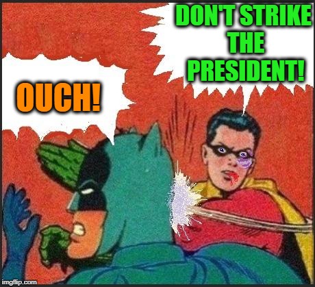 Robin slaps | DON'T STRIKE THE PRESIDENT! OUCH! | image tagged in robin slaps | made w/ Imgflip meme maker