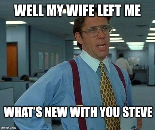 That Would Be Great Meme | WELL MY WIFE LEFT ME; WHAT’S NEW WITH YOU STEVE | image tagged in memes,that would be great | made w/ Imgflip meme maker