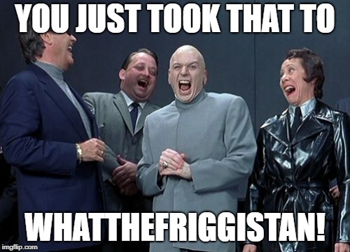 Laughing Villains Meme | YOU JUST TOOK THAT TO; WHATTHEFRIGGISTAN! | image tagged in memes,laughing villains | made w/ Imgflip meme maker