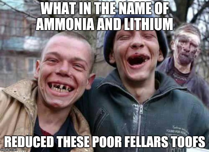 Methed Up | WHAT IN THE NAME OF AMMONIA AND LITHIUM; REDUCED THESE POOR FELLARS TOOFS | image tagged in methed up | made w/ Imgflip meme maker