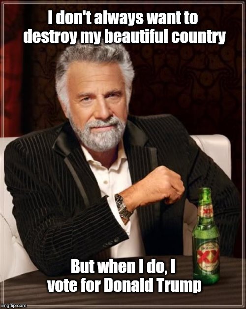 The Most Interesting Man In The World Meme | I don't always want to destroy my beautiful country; But when I do, I vote for Donald Trump | image tagged in memes,the most interesting man in the world | made w/ Imgflip meme maker