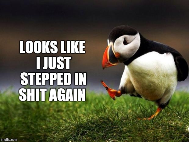 Unpopular Opinion Puffin Meme | LOOKS LIKE I JUST STEPPED IN SHIT AGAIN | image tagged in memes,unpopular opinion puffin | made w/ Imgflip meme maker