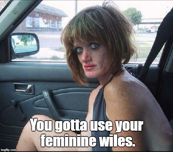 crack whore hooker | You gotta use your feminine wiles. | image tagged in crack whore hooker | made w/ Imgflip meme maker