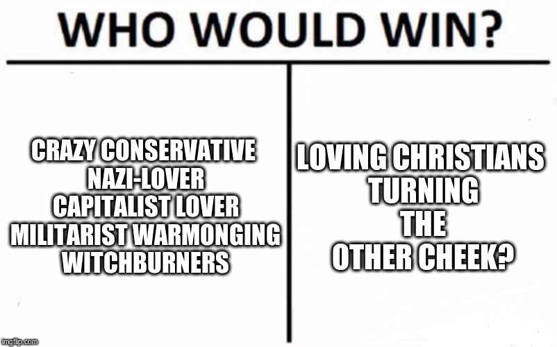 Who Would Win? Meme | CRAZY CONSERVATIVE NAZI-LOVER CAPITALIST LOVER MILITARIST WARMONGING WITCHBURNERS LOVING CHRISTIANS TURNING THE OTHER CHEEK? | image tagged in memes,who would win | made w/ Imgflip meme maker