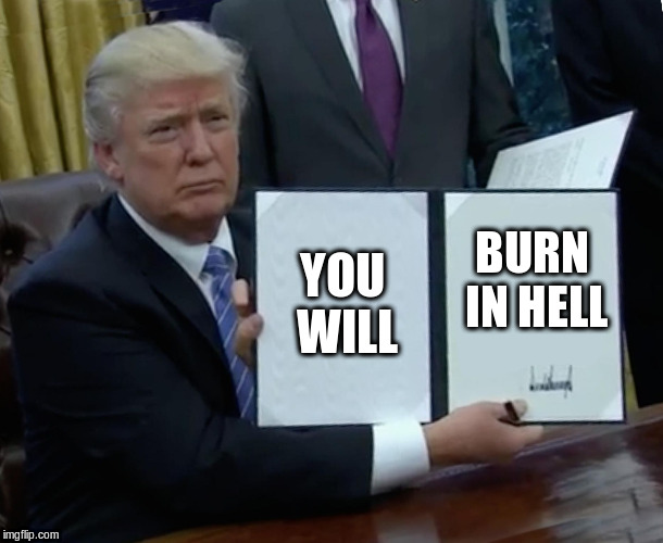 Trump Bill Signing Meme | YOU WILL BURN IN HELL | image tagged in memes,trump bill signing | made w/ Imgflip meme maker