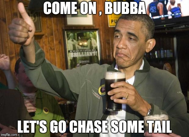 Obama beer | COME ON , BUBBA LET'S GO CHASE SOME TAIL | image tagged in obama beer | made w/ Imgflip meme maker