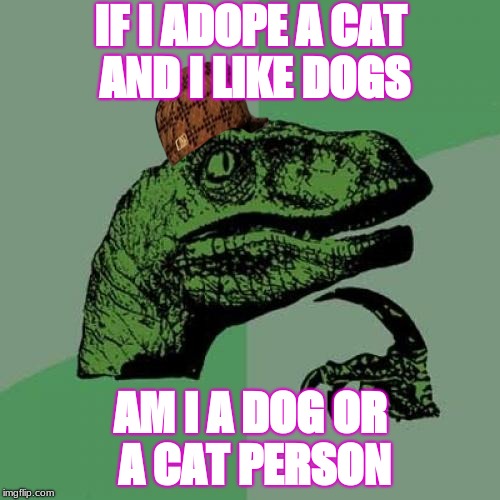 Philosoraptor | IF I ADOPE A CAT AND I LIKE DOGS; AM I A DOG OR A CAT PERSON | image tagged in memes,philosoraptor,scumbag | made w/ Imgflip meme maker