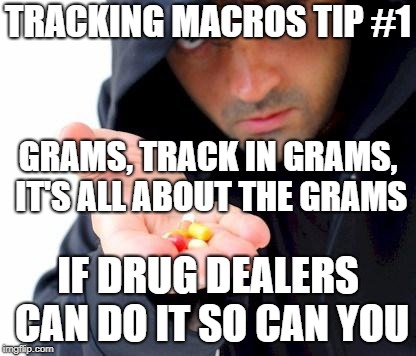sketchy drug dealer | TRACKING MACROS TIP #1; GRAMS, TRACK IN GRAMS, IT'S ALL ABOUT THE GRAMS; IF DRUG DEALERS CAN DO IT SO CAN YOU | image tagged in sketchy drug dealer | made w/ Imgflip meme maker