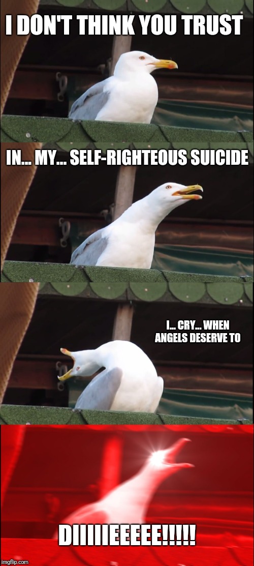 Chop suey | I DON'T THINK YOU TRUST; IN... MY... SELF-RIGHTEOUS SUICIDE; I... CRY... WHEN ANGELS DESERVE TO; DIIIIIEEEEE!!!!! | image tagged in memes,inhaling seagull,system of a down,chop suey | made w/ Imgflip meme maker