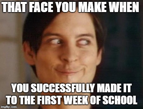 Spiderman Peter Parker | THAT FACE YOU MAKE WHEN; YOU SUCCESSFULLY MADE IT TO THE FIRST WEEK OF SCHOOL | image tagged in memes,spiderman peter parker | made w/ Imgflip meme maker