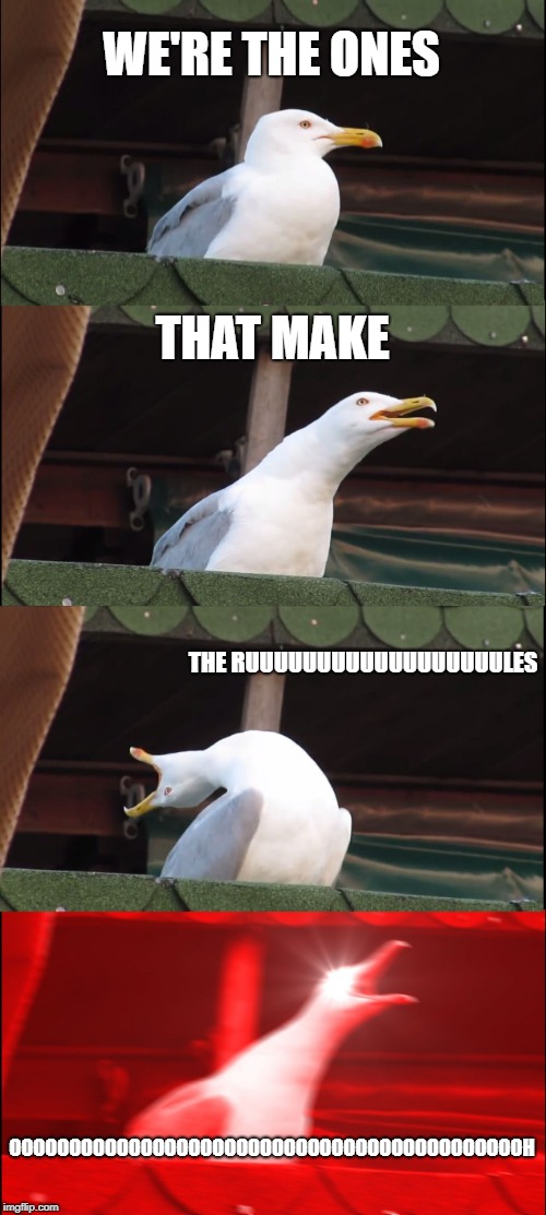 Inhaling Seagull | WE'RE THE ONES; THAT MAKE; THE RUUUUUUUUUUUUUUUUUULES; OOOOOOOOOOOOOOOOOOOOOOOOOOOOOOOOOOOOOOOOOOOH | image tagged in memes,inhaling seagull | made w/ Imgflip meme maker