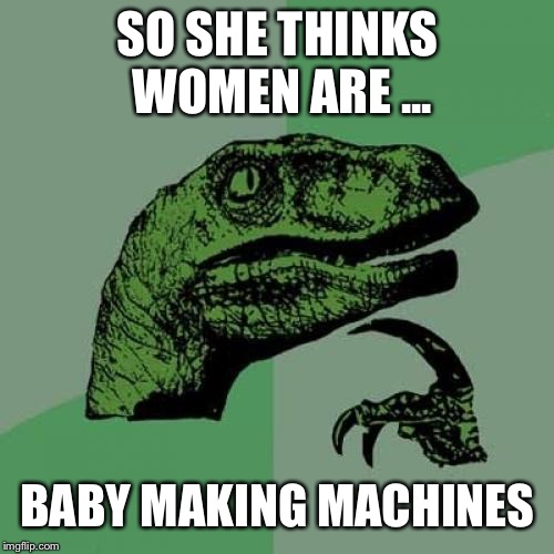 Philosoraptor Meme | SO SHE THINKS WOMEN ARE ... BABY MAKING MACHINES | image tagged in memes,philosoraptor | made w/ Imgflip meme maker