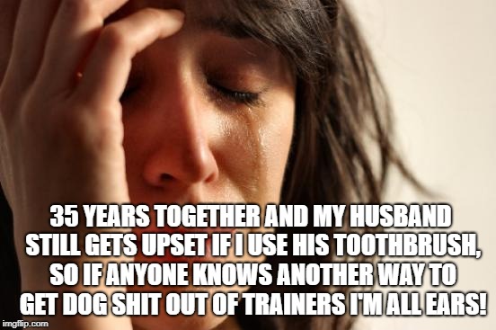 First World Problems Meme | 35 YEARS TOGETHER AND MY HUSBAND STILL GETS UPSET IF I USE HIS TOOTHBRUSH, SO IF ANYONE KNOWS ANOTHER WAY TO GET DOG SHIT OUT OF TRAINERS I'M ALL EARS! | image tagged in memes,first world problems | made w/ Imgflip meme maker