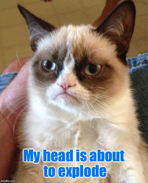 Grumpy Cat Meme | My head is about to explode | image tagged in memes,grumpy cat | made w/ Imgflip meme maker