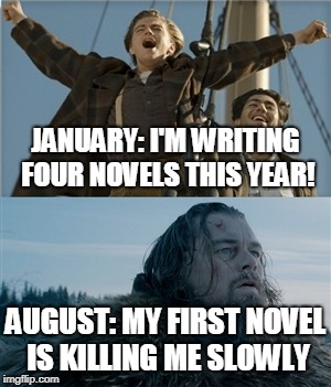 leo before after | JANUARY: I'M WRITING FOUR NOVELS THIS YEAR! AUGUST: MY FIRST NOVEL IS KILLING ME SLOWLY | image tagged in leo before after | made w/ Imgflip meme maker