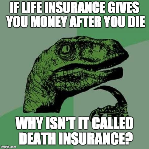 death insurance | IF LIFE INSURANCE GIVES YOU MONEY AFTER YOU DIE; WHY ISN'T IT CALLED DEATH INSURANCE? | image tagged in memes,philosoraptor,life,death,life insurance,health insurance | made w/ Imgflip meme maker