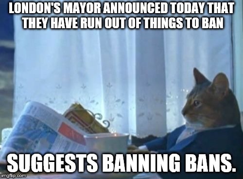 I Should Buy A Boat Cat Meme | LONDON'S MAYOR ANNOUNCED TODAY THAT THEY HAVE RUN OUT OF THINGS TO BAN; SUGGESTS BANNING BANS. | image tagged in memes,i should buy a boat cat | made w/ Imgflip meme maker