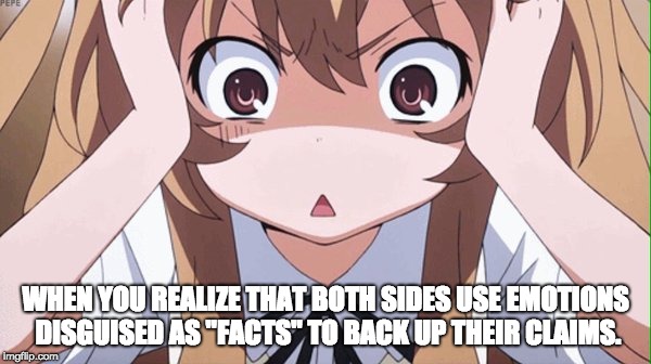 anime realization | WHEN YOU REALIZE THAT BOTH SIDES USE EMOTIONS DISGUISED AS "FACTS" TO BACK UP THEIR CLAIMS. | image tagged in anime realization | made w/ Imgflip meme maker