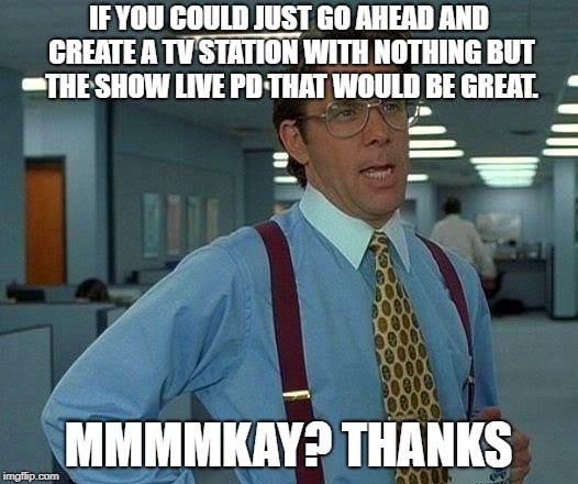 That Would Be Great Meme | IF YOU COULD JUST GO AHEAD AND CREATE A TV STATION WITH NOTHING BUT THE SHOW LIVE PD THAT WOULD BE GREAT. MMMMKAY? THANKS | image tagged in memes,that would be great | made w/ Imgflip meme maker