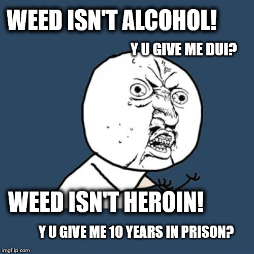 Weed is Weed. | WEED ISN'T ALCOHOL! Y U GIVE ME DUI? WEED ISN'T HEROIN! Y U GIVE ME 10 YEARS IN PRISON? | image tagged in memes,y u no,marijuana,picard wtf,dank memes,funny | made w/ Imgflip meme maker
