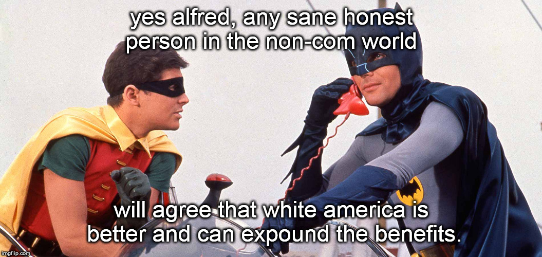 alfred batman and robin agree that white america is better. | yes alfred, any sane honest person in the non-com world; will agree that white america is better and can expound the benefits. | image tagged in batman and robin,white america is better,benefits of freedom | made w/ Imgflip meme maker