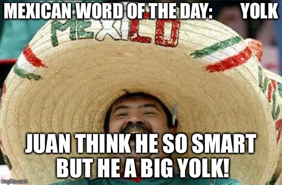 mexican word of the day | MEXICAN WORD OF THE DAY:       
YOLK; JUAN THINK HE SO SMART BUT HE A BIG YOLK! | image tagged in mexican word of the day | made w/ Imgflip meme maker