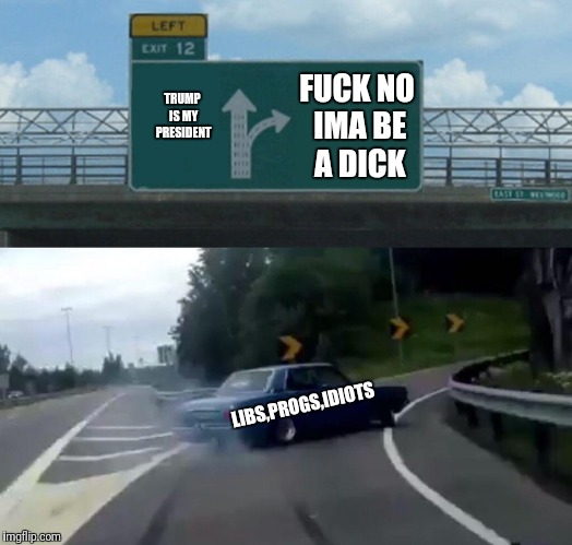 Left Exit 12 Off Ramp Meme | TRUMP IS MY PRESIDENT F**K NO IMA BE A DICK LIBS,PROGS,IDIOTS | image tagged in memes,left exit 12 off ramp | made w/ Imgflip meme maker